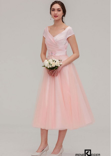 Tüll-Brautjungfernkleid im A-Linien-Prinzessin-Stil mit Herzausschnitt und Kurzen Ärmeln
