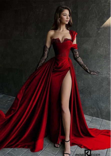 V-Ausschnitt A-Linie Hoher Schlitz Chiffon Langes Abendkleid in Rot mit Spitzenapplikatione