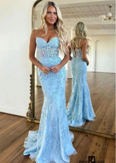 2023 Himmelblaues Trägerloses Meerjungfrau Abschlussball Abendkleid Mit Korsett Rücken Festzug Formelles Kleid