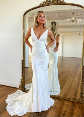 Weißes Formelles Abendkleid Im Meerjungfrau Stil Mit Tiefem V Ausschnitt Und Perlen