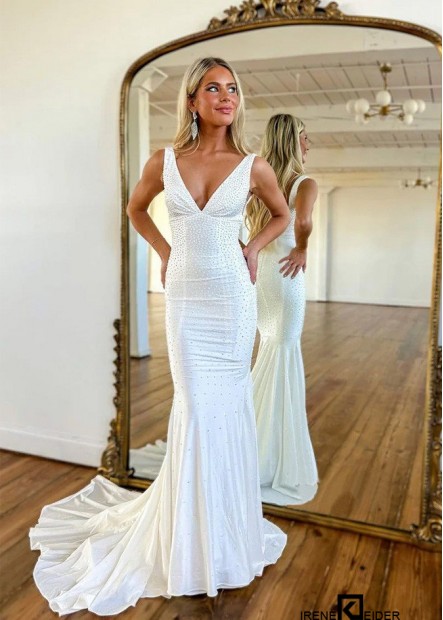Weißes Formelles Abendkleid Im Meerjungfrau Stil Mit Tiefem V Ausschnitt Und Perlen