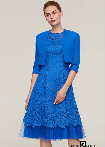 A-Linien-Kleid für die Brautmutter in Blau mit U-Ausschnitt ärmellos Knielang Spitze und Jacke