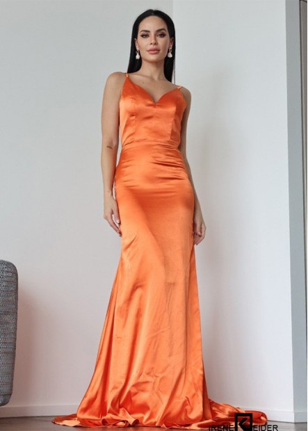 Orangefarbenes ärmelloses Abendkleid mit Rüschen und V-Ausschnitt aus Satin