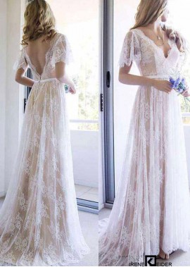 Etui-Brautkleid mit V-Ausschnitt Hofschleppe und Spitzenblumen