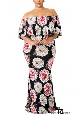 Black Floral Off Shoulder Ruffles Sexy Maxi Plus Size Bodycon Dress T901554192492