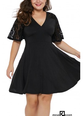 Black Lace Sleeve V Neck Sexy Party Plus Size A Line Dress T901554110817