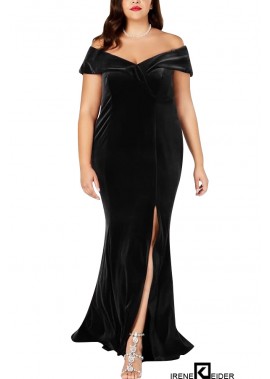 Off Shoulder Slit Sexy Maxi Plus Size Velvet Dress T901554189089