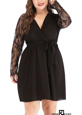 Black V Neck Tied Lace Long Sleeve Casual Plus Size Dress T901554110132