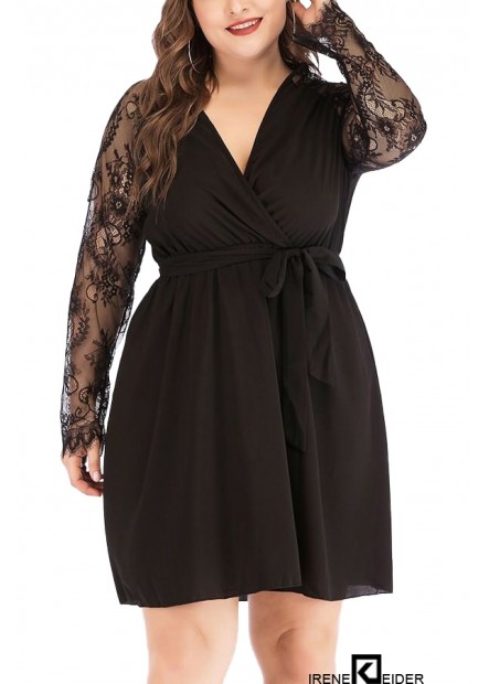 Black V Neck Tied Lace Long Sleeve Casual Plus Size Dress