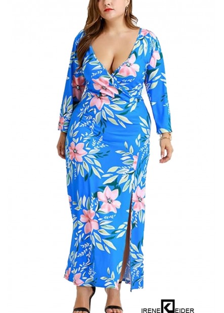Blue Floral Print Wrap Tied Slit Side Plunging Sexy Plus Size Dress 