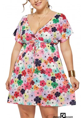 Multi Floral Print V Neck Short Sleeve Casual Plus Size Dress T901553850915
