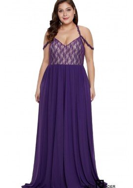Purple Lace Splicing Spaghetti Straps Sexy Maxi Plus Size Party Dress T901554111159